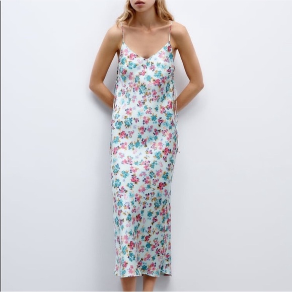 Zara Dresses & Skirts - Zara Floral Printed Midi/Maxi Slip Side Tie Tank Dress Light Blue Pink Size S
